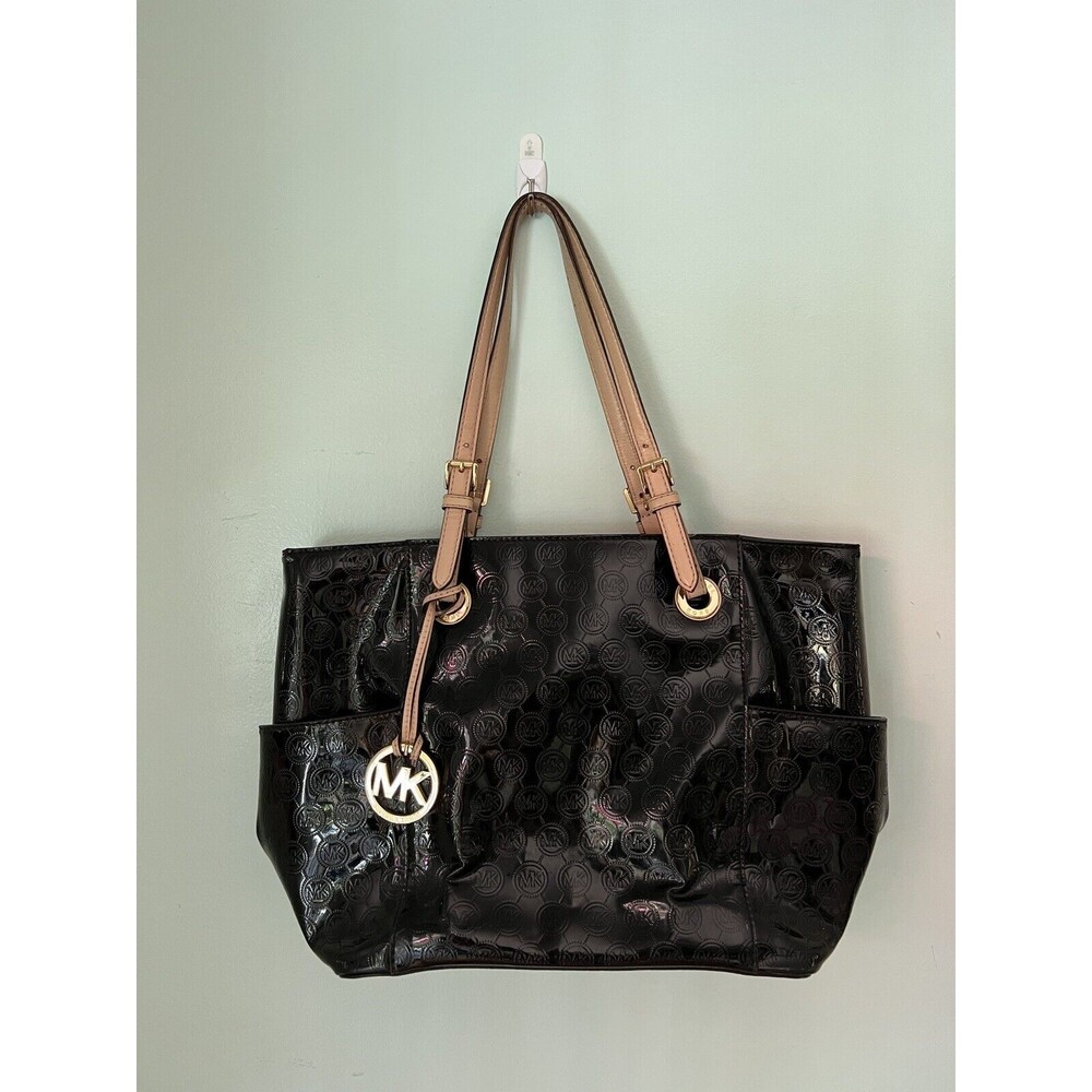 Michael Kors‎ Collection Womens Tote Bag Black Patent Tan Dual Handle Monogram L